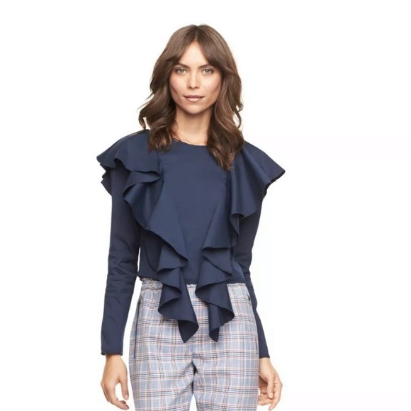 MILLY EXCLUSIVE POPLIN RUFFLE BLOUSE - Picture 1 of 3